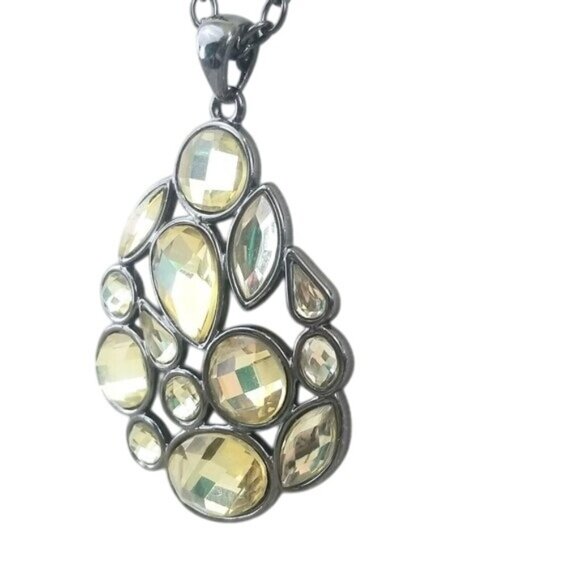 Lia Sophia Yellow Rhinestone Teardrop Pendant Necklace Long Gun Metal Gray - Picture 3 of 6